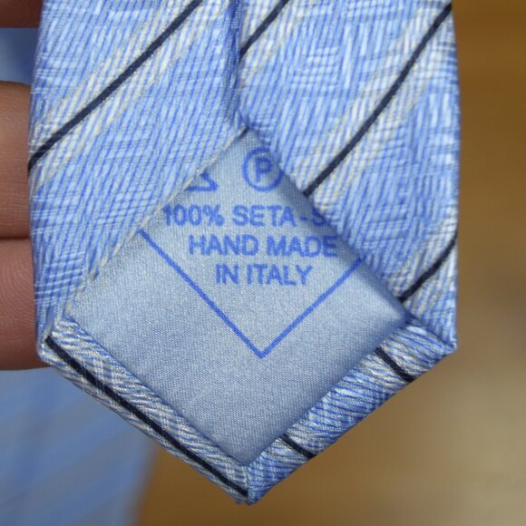 $450 Brioni Baby Blue White Regimental Geometric Silk Tie Handmade in Italy - Picture 12 of 16